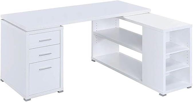 UrbanPro L-Shaped Wood Writing Desk, 60" W x 47.25" D x 29.5" H, White/Silver Finish, MDF and Laminate Construction, 3 Drawers with File Cabinet, Open Shelves, Reversible Home Office Desk