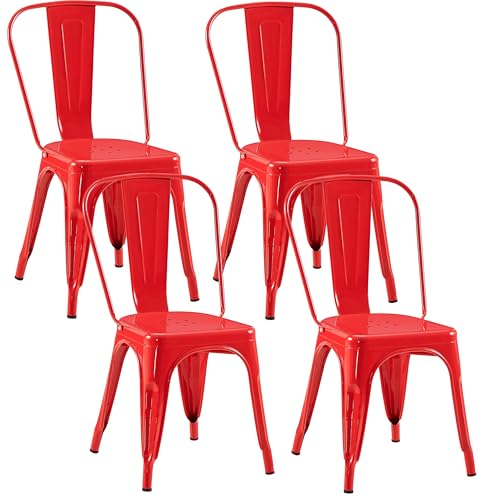Image of Metal Dining Chairs with Backrest, Stackable, Red, 4 Pack | Easy Assembly, Non-Slip Feet, 330 lb Capacity, Kitchen, Restaurant, Cafe, Pub, Covered Patio