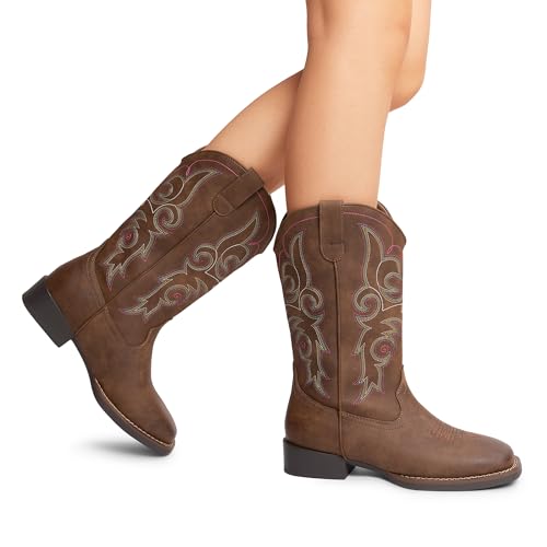 DREAM PAIRS DREAM PAIRS Women's Cowboy Cowgirl Boots Embroidered Square Toe Mid Calf Western Boots Fashion Dress Chunky Low Heel Shoes for Theme Party Country Concert,Size 8,Dark Brown,DWUMMB2516