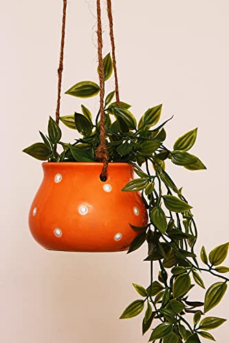 Image of Leafy Tales Hanging Matki Shape Ceramic Pot Set of 2, Pot Only, Multicolor