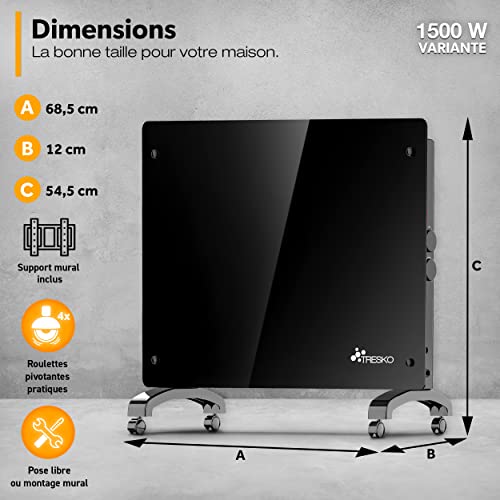 tresko® radiateur electrique mobile | chauffage électrique en verre | convecteur | radiateur électrique chauffage au sol ou mural (noir / 1500 w)