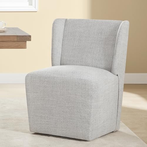 Image of KISLOT Upholstered Dining Chairs Set of 1 with Casters, Wingback Modern Side Armless Deskchair with Rollers for Diningroom Bedroom Livingroom Reading Room, Pale Gray Fabric
