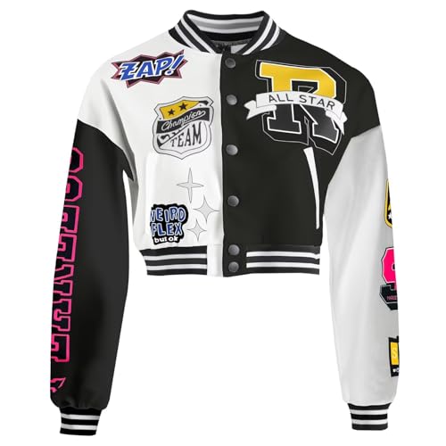 Image of Teen Girls Crop Varsity Jacket Bomber Jacket Style Casual Fit Baseball Sport Y2K Streetwear Short Cardigan Sweatshirt