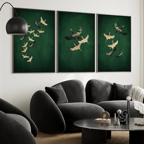 Grues vert sauge en triptyque mural de 60 x 80 cm au design minimaliste