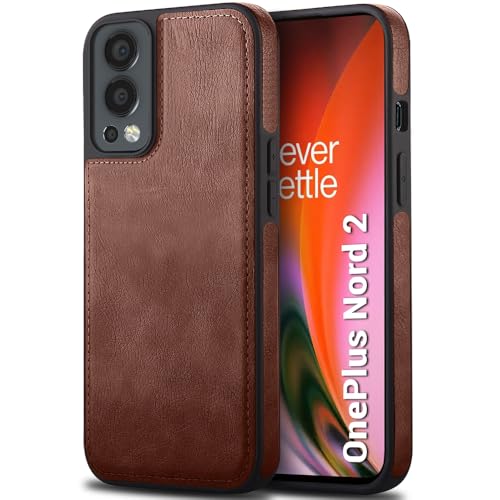 Image of TheGiftKart Genuine Leather Finish Back Cover Case for OnePlus Nord 2 5G / Nord 2 Pac-Man Edition | Shockproof Design | Camera & Screen Protection | Stunning Minimalist Design Back Cover (Brown)