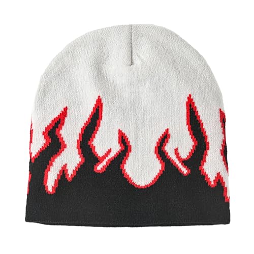 CORIRESHA Unisex Flame Beanie Y2K Graphic Knitted Hats Winter Fall Soft Warm Skull Cap Black White