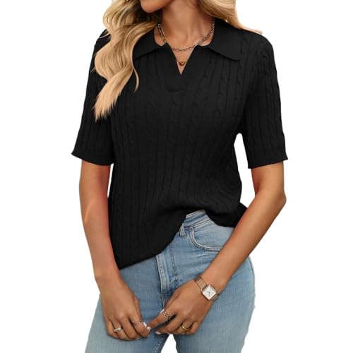 Women Short Sleeve Sweater Tops Summer V Neck Cable Knit Pullover Casual Lapel Shirts3