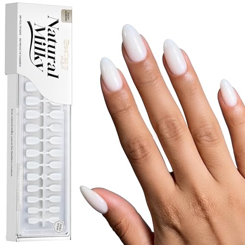 Image of Beetles Milky White Press on Nails Short Almond Fake Nails 160PCS DIY | Pre-Colored Milky White Nails Come in 16 Sizes to Help Fit DIY Short Almond Manicure Needs