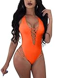 LAGSHIAN Womens Sexy One Piece Lace Up Straps Swimsuit Bathing Suit Swimwear Orange
