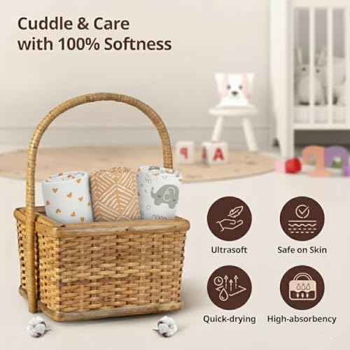 Image of Trance Home Linen Super Ultra Soft 100% Cotton Malmal Baby Swaddle Cloth | Baby Wrap for New Born Babies | Skin Frindelly Soft Baby Towel |New Born Swaddles-(100x100 Cm, Terra Tots,Pack of 3)
