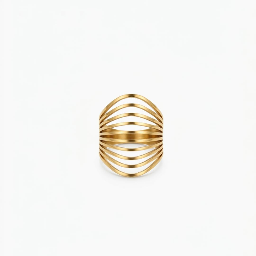 Gold Multi-Band Statement Ring for Women, Seven-Layer Cage Design, PVD Finish, Minimalist Architectural Style, Size 18-image-28