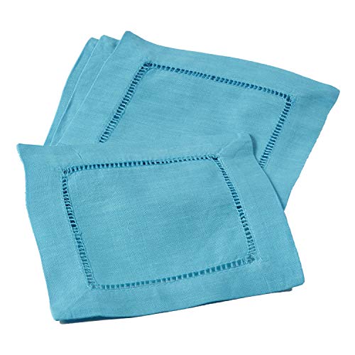 Fennco Styles Solid Color Vibrant Hemstitched Linen Blend Coaster Cocktail Napkins 6 x 6 Inch, Set of 4, Turquoise
