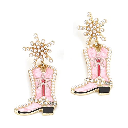 Handmade Western Cowgirl Beaded Cowboy Boot Drop Dangle Earrings Snowflower for Women Wedding Party Fancy Dress Costume Christmas Jewelry-Pink