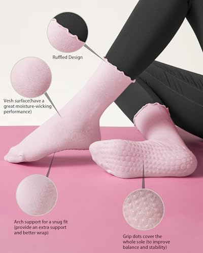 REACH STAR 4 Pairs Pilates Socks with Grips Non Slip Ruffle Yoga Grip Socks for Women3