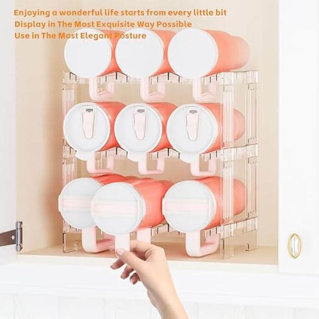 Larger Compartment Stackable Water Bottle Organizer for 40 oz Stanley Cup,Yeti and Other Tumbler Organizer,3 Tier Stanley Cup Holder and Water Bottle Storage Rack for Kitchen Cabinets,Countertop