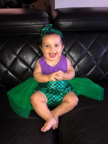 HenzWorld Little Girls Mermaid Costume Princess Romper Dress Up Role Pretend Cosplay Birthday Party Halter Tops Outfits Fish Scale Headband Toddler Baby 1-2 Years - Thumbnail 4