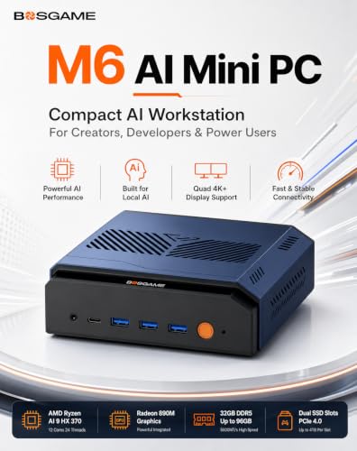 Image of BOSGAME M6 AI Mini PC Ryzen AI 9 HX370, 32GB DDR5, 1TB SSD | Ryzen AI 9 HX370 Mini PC with Radeon 890M Graphics, DDR5 Memory, PCIe 4.0 SSD and OCulink eGPU Expansion.