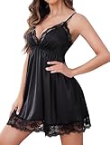 Avidlove Women Sexy Lingerie Satin Lace Chemise Silky Nightdress V Neck Negligee Slip Nightgown Black L