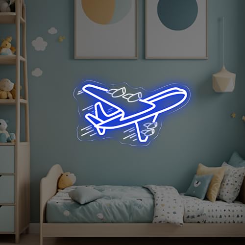 Image of Airplane Neon Sign, Airplane Wall Decor, Air plane Wall Art, Aviation Light Sign, Gift for Kid, Air Plane Wall Decor for Home Bar, 16.5 inchx9.3 inch, Blue