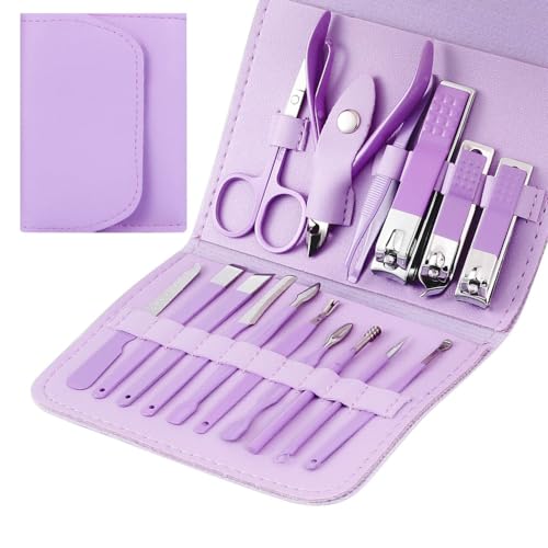 Juego de 16 piezas de herramientas para el cuidado de las uñas, juego de cortaúñas de color, juego de cortaúñas exfoliante, multifunción, verde (morado)