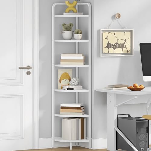 Hzuaneri Corner Shelf Stand, Corner Bookshelf Bookcase, Plant Shelf, Corner Display Rack, Standing Shelf with Metal Frame for Living Room, Bathroom, Kitchen, Modern Style, 6 Tier White CS06613W