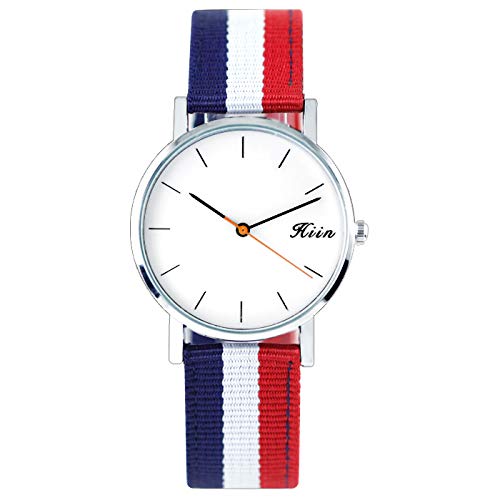 Reloj De Lona para Hombres Y Mujeres, Reloj para Parejas, Reloj para Estudiantes Plato Blanco Rayas Anchas Rojas, Blancas y Azules