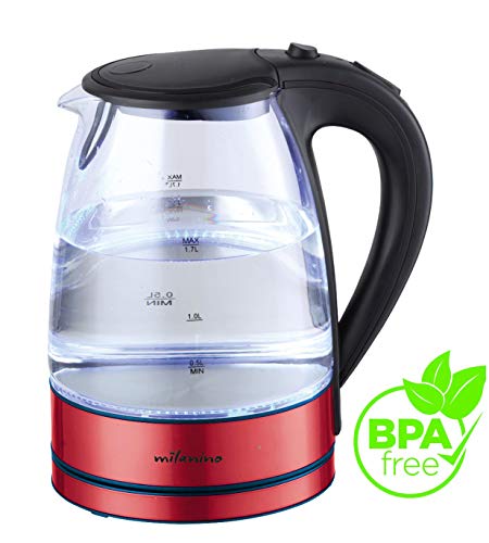 Milanino Glas Wasserkocher, Wasserkocher 1.7 Liter Edelstahl mit LED-Innenbeleuchtung mit Filterauslauf und… – Bild 3