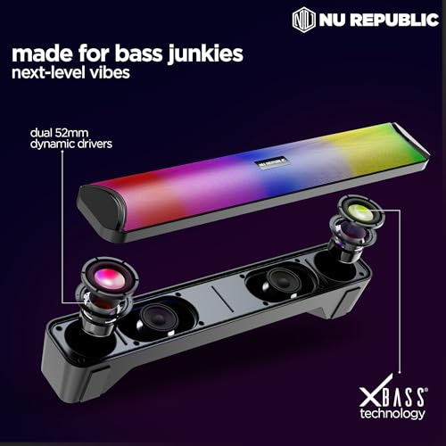 Image of Nu Republic Party Box 200 Bluetooth Soundbar with X-Bass Technology, 52mm Dual Dynamic Drivers, 20W Output, Upto 16 Hrs Playtime, Multiple RGB LED Lights, USB Port, Bluetooth 5.3v (Black, 2.0 Channel)