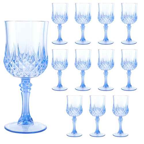 Oungy Lot de 12 verres à vin en plastique - 200 ml - Bleu - Verres à vin de camping avec pied - Réutilisables