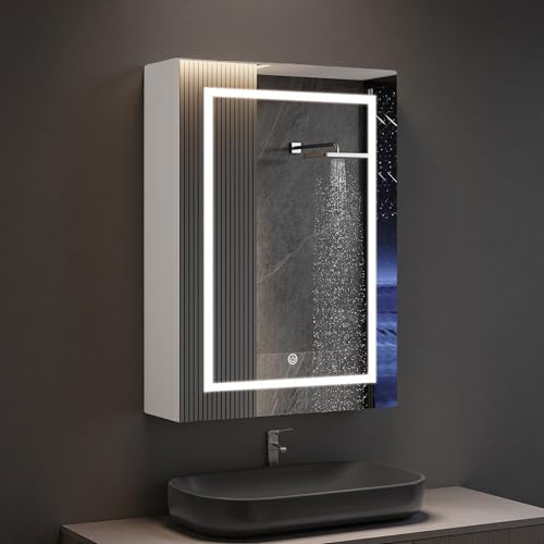 Julyue Armario con espejo LED para cuarto de baño con enchufe y 3 temperaturas de color, espejo HD antivaho con 2 estantes ajustables y sensor táctil [clase energética E] (MDF (E1) y vidrio templado