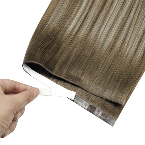 Image of LaaVoo Tape in Weft Extensions Light Brown Ombre Tape in Hair Extensions Human Hair 50G Genius Tape Hair Extensions Brown to Light Brown with Platinum Blonde 20inch