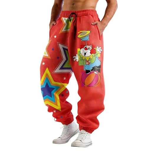Pantalones de chándal rojos para hombre, hippie, pantalones de carnaval con estampado de payaso Y2K, elásticos, cómodos, pantalones de tela, ropa de calle, para exterior, disfraces, cintura alta | Ya disponible en tu tienda friki favorita! En mundofriki.es!