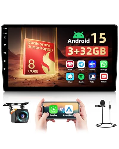 Qualcomm 8�R�A 9�C���` �_�u���f�B�� �J�[���W�I�X�e���I [3+32GB] Android 15 �_�u���f�B�� �^�b�`�X�N���[�� CarPlay Android Auto/Bluetooth 5.0/1280 * 720P/DSP/FM/RDS