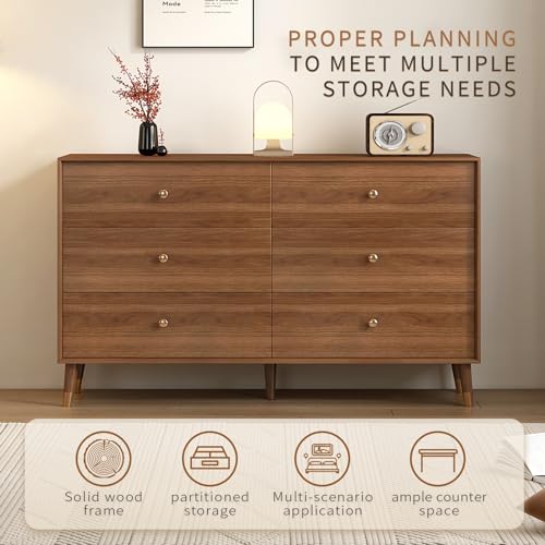 Image of Messenya 6 Drawer Dresser for Bedroom, 47 Inch Walnut Dresser for Closet, Mid Century Wood Chest of Drawers with Natural Texture & Pre-Embedded Slots for TV Stand, Living Room, Hallway, Office