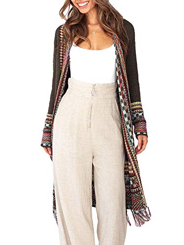 Ferbia Women Boho Cardigan Sweater Long Open Front Maxi Knit Sweaters Aztec Tribal Tassel Fringe Thin Coat