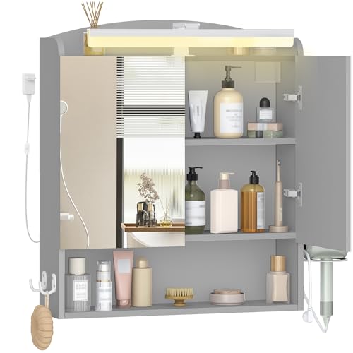 Hzuaneri Spiegelschrank Bad mit Beleuchtung, Badezimmerschrank mit Spiegel, Wandschrank, Haartrockner-Halter und Haken, mit Stecker, Verstellbarer Etagen, Grau, 16,5 x 60 x 68,5 cm MC10027XEU