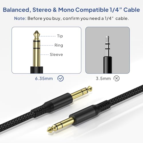 Image of Elebase 1 /4 Inch TRS Instrument Cable 3.3ft 2Pack,Straight 6.35mm Male Jack Stereo Audio Interconnect Cord,6.35mm Balanced Line for Electric Guitar,Bass,Keyboard,Mixer,Amplifier,Amp,Speaker,Equalizer