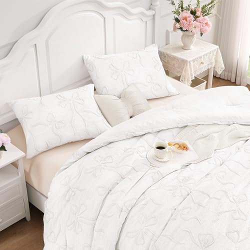 Image of Andency Queen Size Cute Comforter Set, 3 Pieces White Boho Tufted Bedding Set, 3D Puffy Bow Comforters for All Seasons (1 Comforter, 2 Pillow Shams), 90 inchx90 inch, White