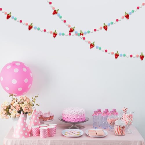 Image of JarThenaAMCS Strawberry Felt Banner 3D Strawberry Pom Ball Garland Colorful No DIY Required Bunting Garland for Birthday Baby Shower Party Supplies Hanging Decoration