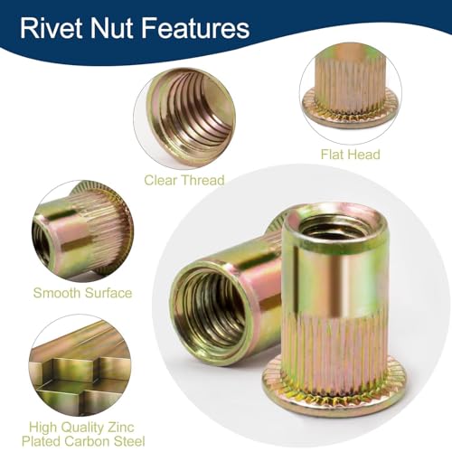 Vifmy Metric & SAE Rivet Nut Assortment Kit(420 Pcs),m3 m4 m5 m6 m8 m10 m12#6-32#8-32#10-24 1/4"-20 5/16"-18 3/8"-16 UNC Flat Head Rivnut Set,Zinc Plated Finish Carbon Steel Nutsert