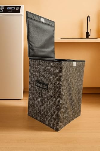 Image of QUAIL 75L Foldable Laundry Basket with Lid for Clothes | Large Fabric Laundry Storage Bin with Handles | Waterproof, Collapsible Laundry Hamper for Bedroom, Bathroom & Home Use (Black Pattern Design)
