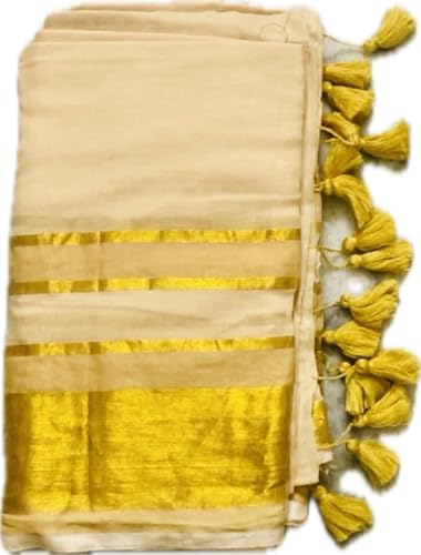 Image of Women's Mul Cotton Saree with Tassels | Soft Mulmul Saree | Woven Stripes & Zari Line | 5.5 Metres - Without Blouse