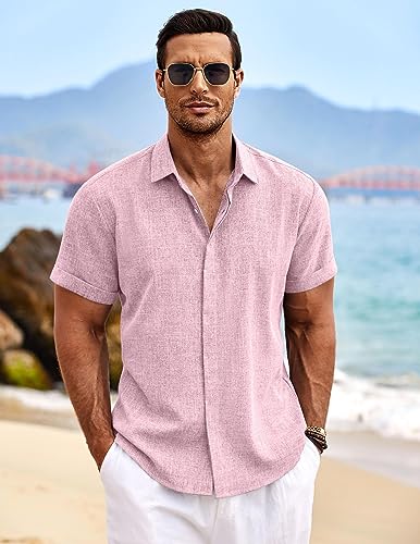 Image of COOFANDY Men's Linen Shirts Short Sleeve Casual Shirts Button Down Shirt for Men Beach Summer Wedding Shirt