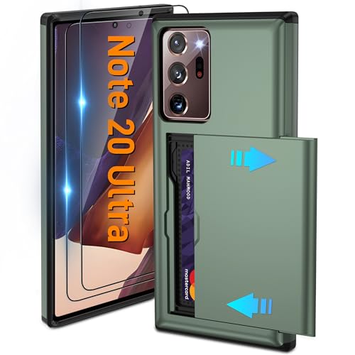 for Samsung Galaxy Note 20 Ultra Case with Card Holder and (2 Pcs) HD Screen Protector, Slim Heavy Duty Dual Layer Shockproof Design & Hidden Card Slot Wallet Case for Galaxy Note 20 Ultra Case-Green