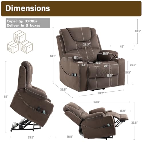 Power Lift Recliner Chair for Elderly with Massage and Heating, Ergonomic Electric Recliner Chair Single Sofa for Adults with Remote Control USB Port, Cup Holders, Side Pockets