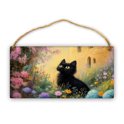 CDSASHCA Charming Black Cat Midst Colorful Flowers Wooden Sign 12x6 Inch - Cozy Living Room Decor for Garden Enthusiasts, Ideal Gift for Cottage core Home Stylists