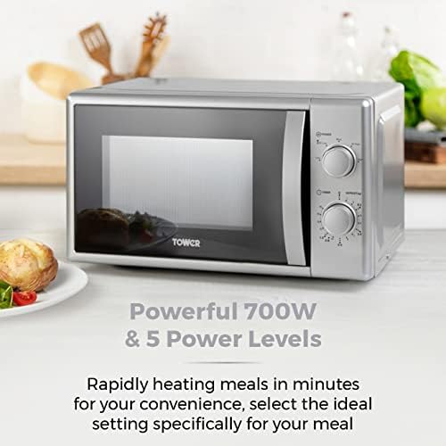 Tower T24034SIL 20 Litre 700W Manual Microwave with 5 Power Levels and a 35 Minute Timer, Silver
