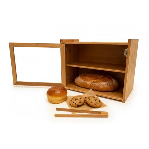 Relaxdays Brotkasten Bambus, 2 Etagen, Brotlade mit Sichtfenster, inkl. Toastzange, HBT: 31x40x17,5 cm, Brotbox, Natur