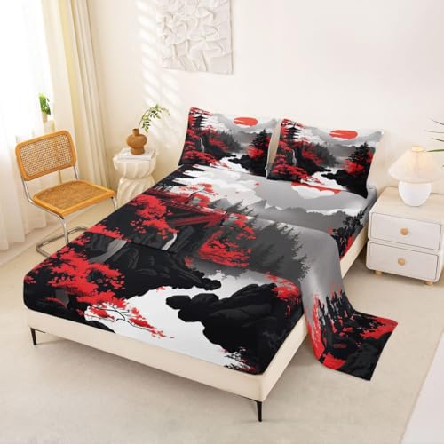 Homemissing Juego de sábanas de tamaño individual con diseño oriental de flores de cerezo rojo, sábana bajera ajustable de bolsillo profundo, color negro, blanco, rojo, juego de cama suave, 3 piezas