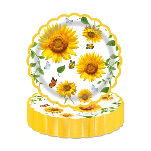 LDFDRT Sunflower Paper Plates 50 Pack 7 Inch Disposable Fall Plates for Party Sunflower Birthday Decorations Fall Dessert Plates for Thanksgiving Baby Shower